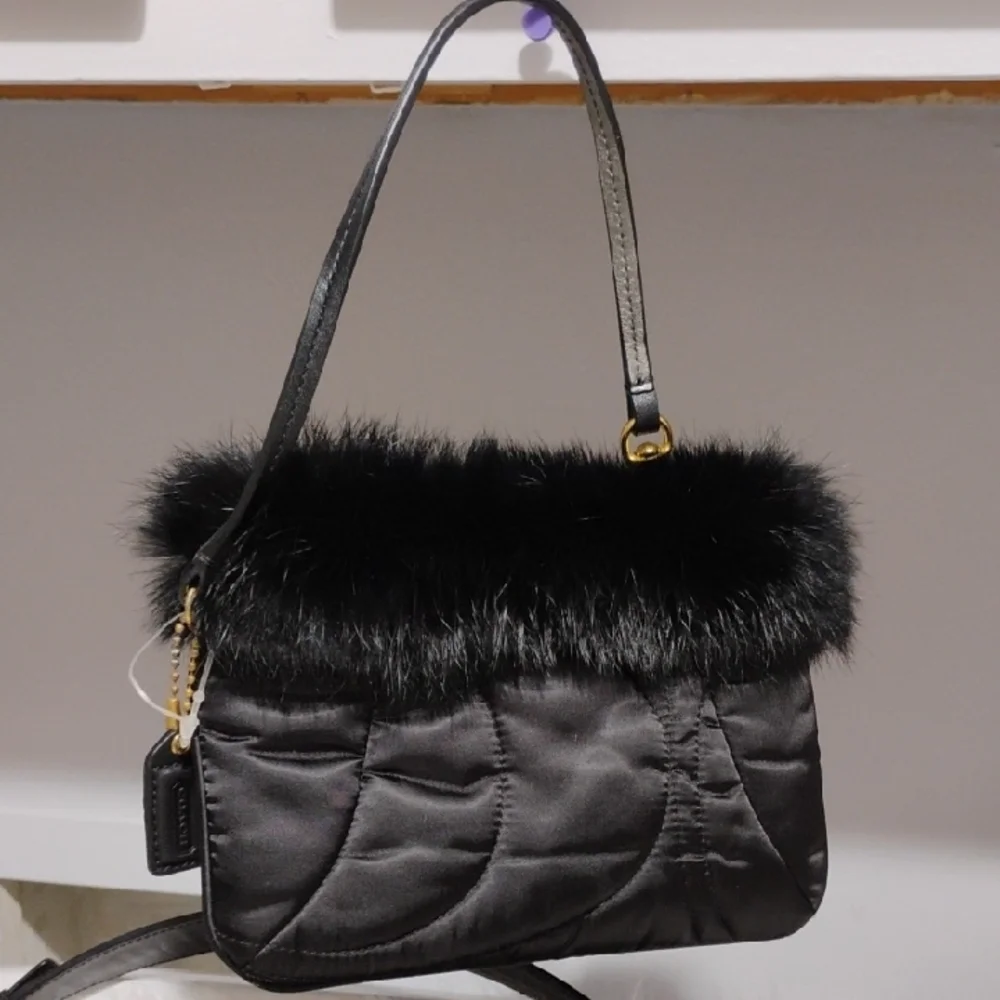 Coach Y2K Black Shoulder Bag W Rabbit Fur Trim & Matching Wallet/Wristlet Bundle